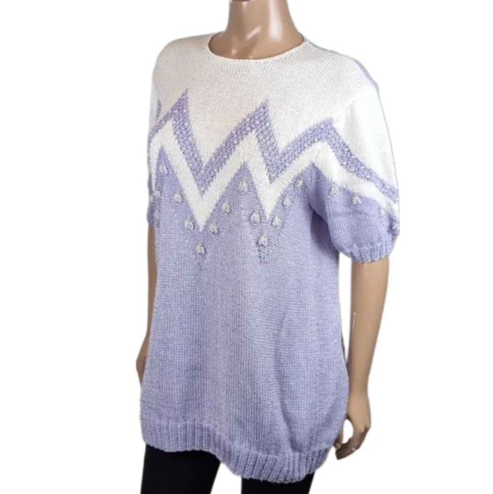 Vintage 90s Magnolia Sweater Pearl Beaded Chevron Tunic Knit Pullover Keyhole